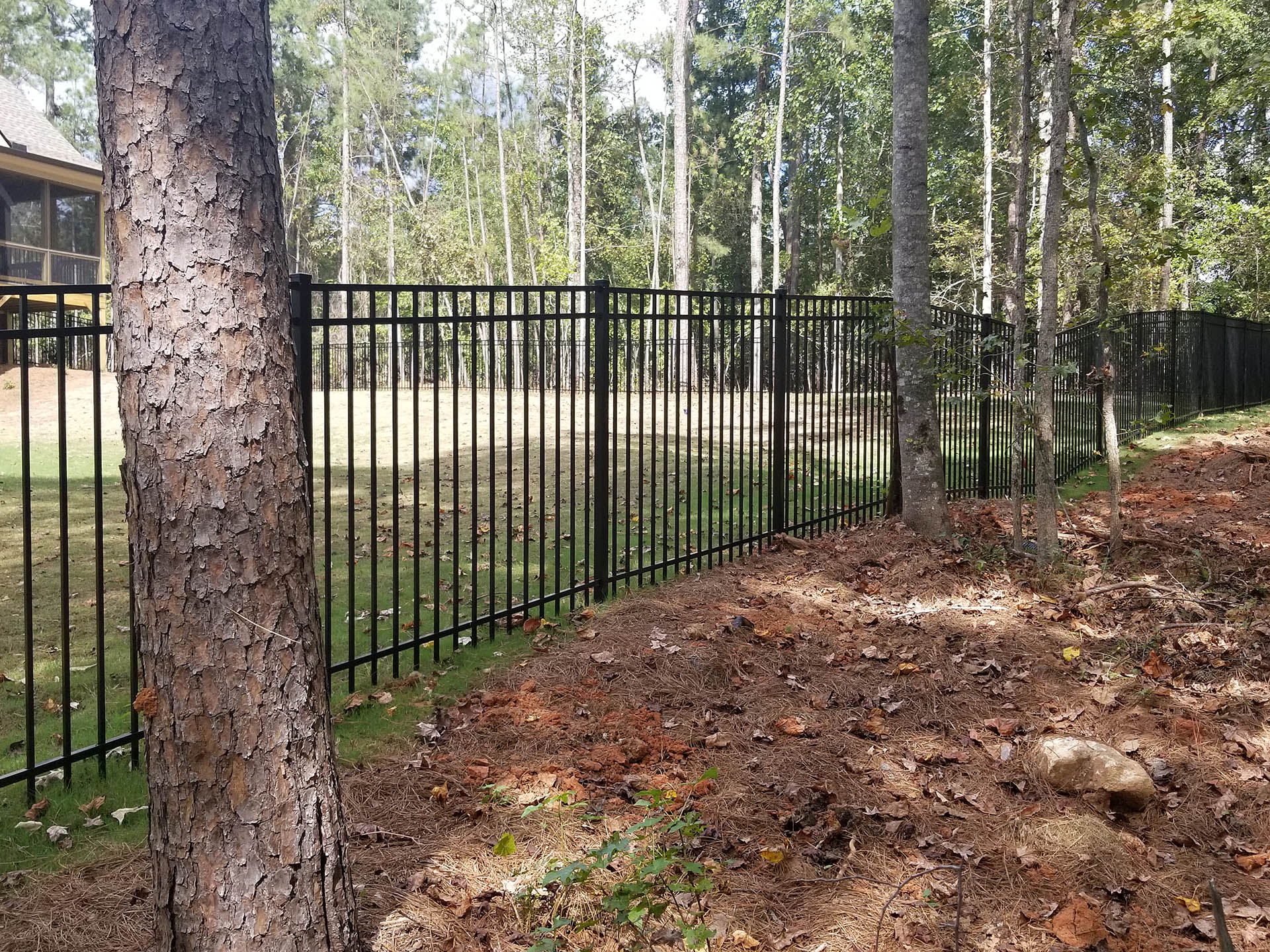 Aluminum fencing on the perimeter of a property with large trees lining the fence.