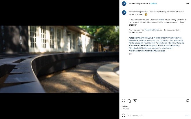 Screenshot of Fortress BP Instagram post showing a curved deck made from steel framing.