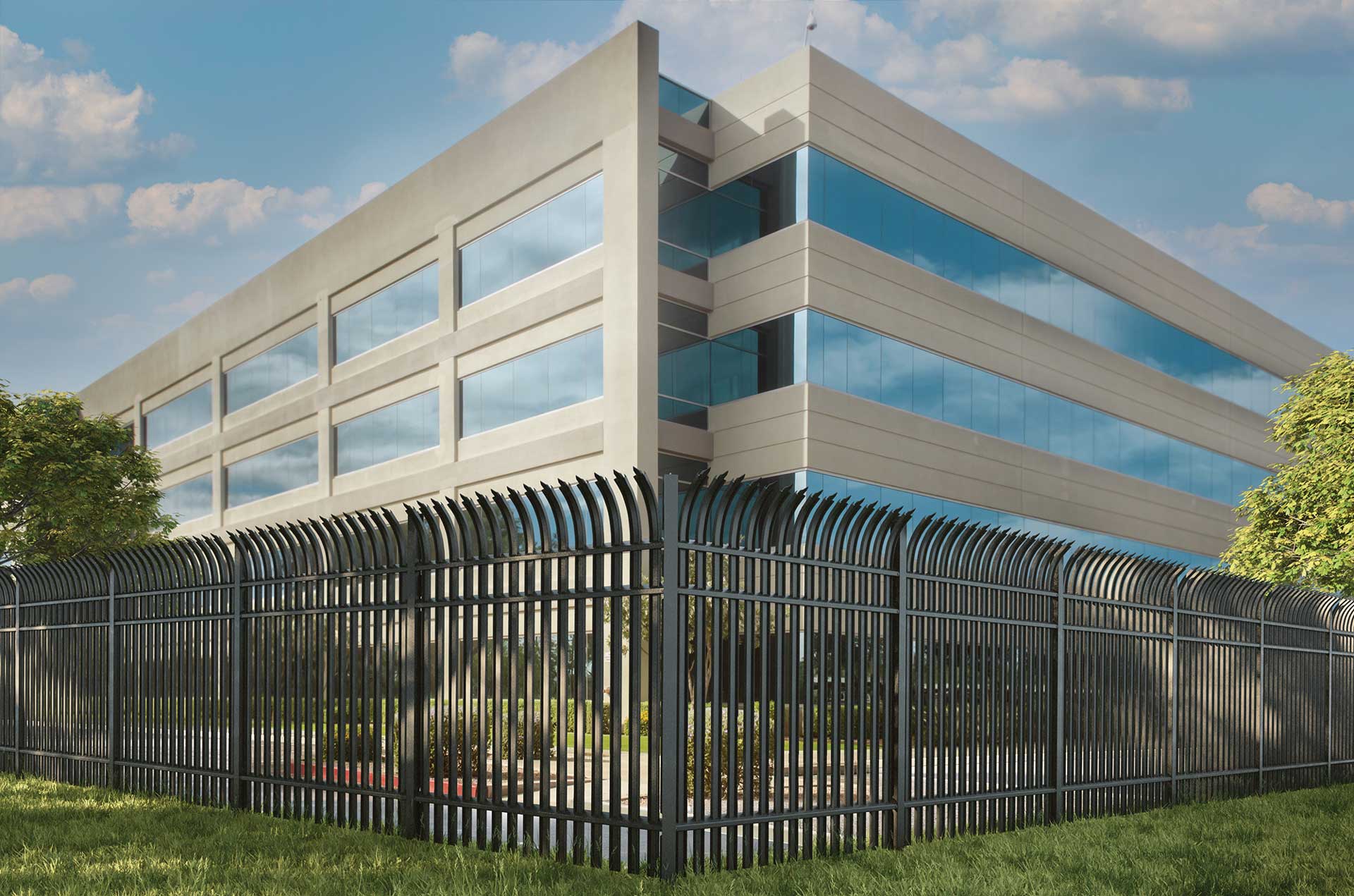 Modern steel high-security fencing surrounding a business office complex, enhancing safety and aesthetics.