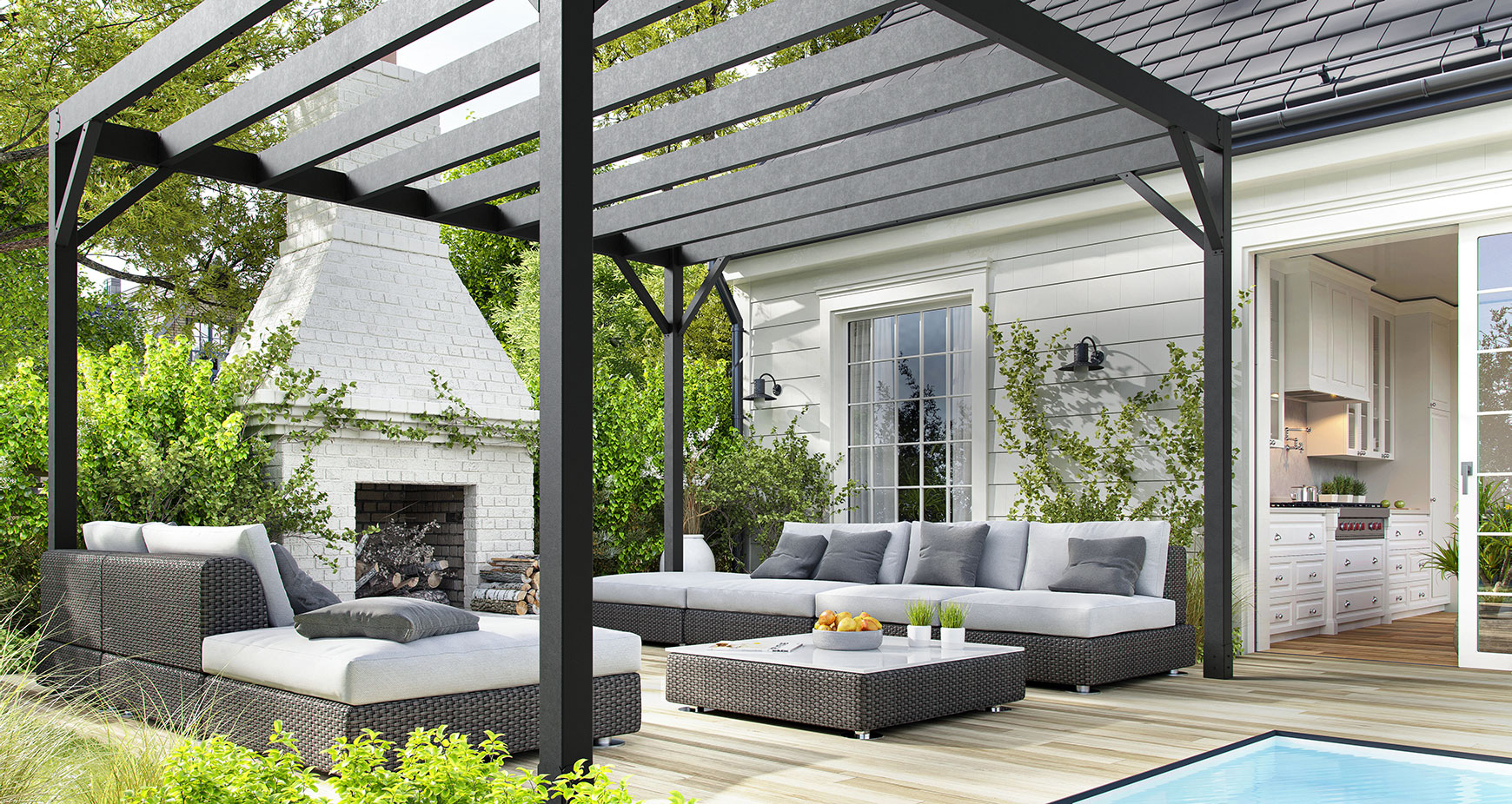 Steel pergola adjacent to pool, with fireplace and outdoor couches.